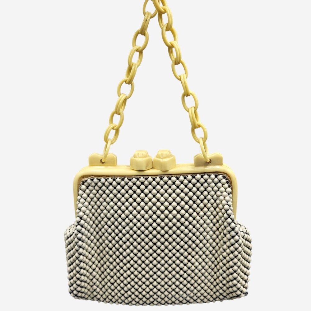Vtg 1940s Whiting and Davis Celluloid Ivory Alumesh Purse 8” x 9”